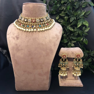 Pearly Antique Gold Necklace Set (Necklace Earrings) - Golden / Multi - Necklace Set
