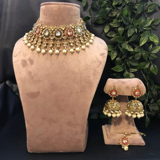 Pearly Antique Gold Necklace Set (Necklace Earrings) - Golden / Multi - Necklace Set