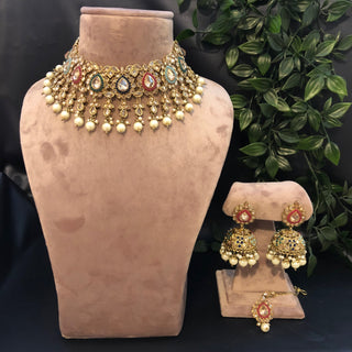 Pearly Antique Gold Necklace Set (Necklace Earrings) - Golden / Multi - Necklace Set