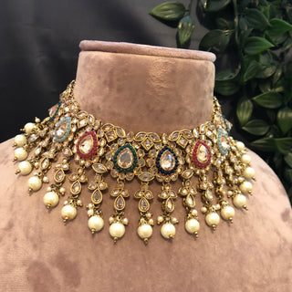 Pearly Antique Gold Necklace Set (Necklace Earrings) - Golden / Multi - Necklace Set