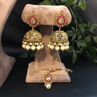 Pearly Antique Gold Necklace Set (Necklace Earrings) - Golden / Multi - Necklace Set