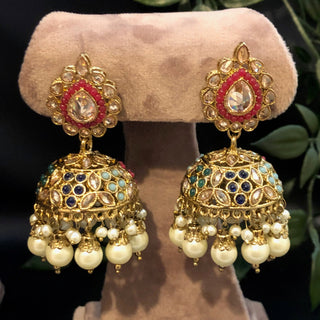 Pearly Antique Gold Necklace Set (Necklace Earrings) - Golden / Multi - Necklace Set
