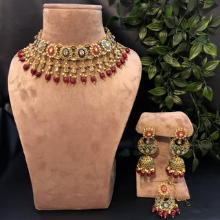 Pearly Antique Gold Necklace Set (Necklace Earrings) - Golden / Multi - Necklace Set