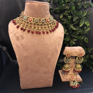 Pearly Antique Gold Necklace Set (Necklace Earrings) - Golden / Multi - Necklace Set