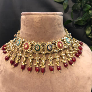 Pearly Antique Gold Necklace Set (Necklace Earrings) - Golden / Multi - Necklace Set