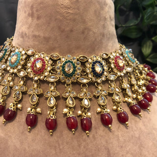 Pearly Antique Gold Necklace Set (Necklace Earrings) - Golden / Multi - Necklace Set