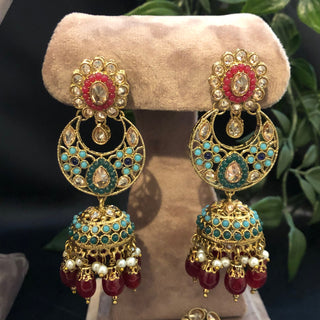 Pearly Antique Gold Necklace Set (Necklace Earrings) - Golden / Multi - Necklace Set