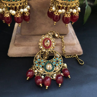 Pearly Antique Gold Necklace Set (Necklace Earrings) - Golden / Multi - Necklace Set
