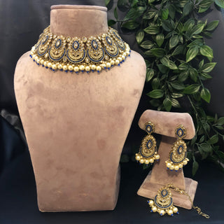 Pearly Antique Gold Necklace Set (Necklace Earrings Tikka) - Golden / Blue - Necklace Set