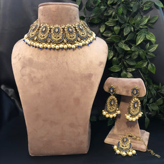 Pearly Antique Gold Necklace Set (Necklace Earrings Tikka) - Golden / Blue - Necklace Set