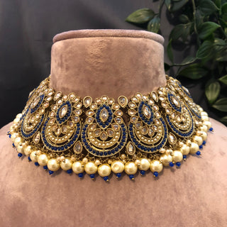 Pearly Antique Gold Necklace Set (Necklace Earrings Tikka) - Golden / Blue - Necklace Set