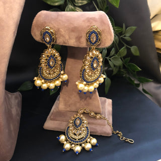 Pearly Antique Gold Necklace Set (Necklace Earrings Tikka) - Golden / Blue - Necklace Set