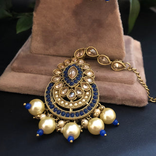 Pearly Antique Gold Necklace Set (Necklace Earrings Tikka) - Golden / Blue - Necklace Set