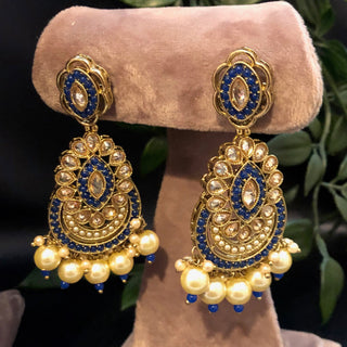 Pearly Antique Gold Necklace Set (Necklace Earrings Tikka) - Golden / Blue - Necklace Set