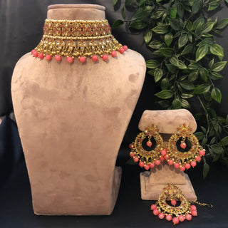 Pearly Antique Gold Necklace Set (Necklace Earrings Tikka) - Golden / Pink - Necklace Set