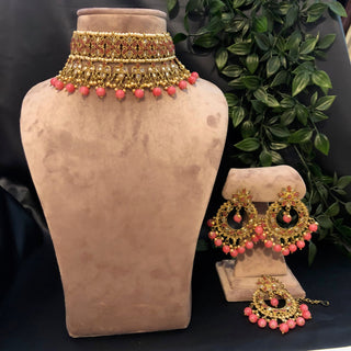 Pearly Antique Gold Necklace Set (Necklace Earrings Tikka) - Golden / Pink - Necklace Set