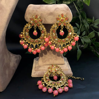 Pearly Antique Gold Necklace Set (Necklace Earrings Tikka) - Golden / Pink - Necklace Set
