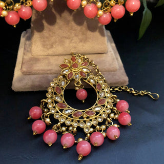 Pearly Antique Gold Necklace Set (Necklace Earrings Tikka) - Golden / Pink - Necklace Set
