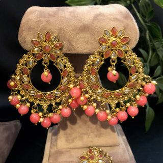 Pearly Antique Gold Necklace Set (Necklace Earrings Tikka) - Golden / Pink - Necklace Set