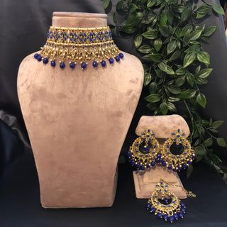 Pearly Antique Gold Necklace Set (Necklace Earrings Tikka) - Golden / Blue - Necklace Set