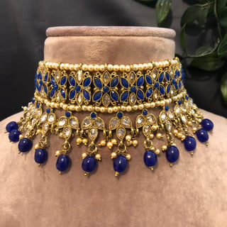 Pearly Antique Gold Necklace Set (Necklace Earrings Tikka) - Golden / Blue - Necklace Set