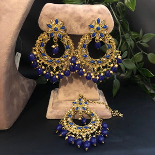 Pearly Antique Gold Necklace Set (Necklace Earrings Tikka) - Golden / Blue - Necklace Set