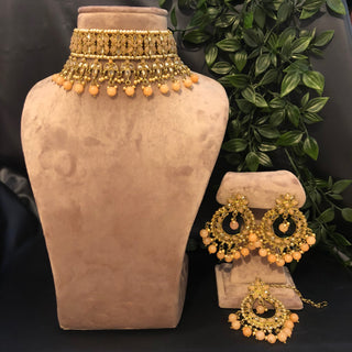Pearly Antique Gold Necklace Set (Necklace Earrings Tikka) - Golden / Peach - Necklace Set