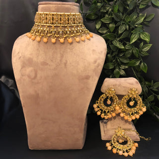 Pearly Antique Gold Necklace Set (Necklace Earrings Tikka) - Golden / Peach - Necklace Set