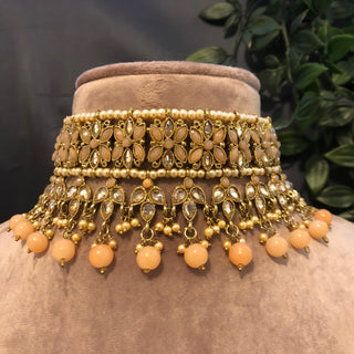Pearly Antique Gold Necklace Set (Necklace Earrings Tikka) - Golden / Peach - Necklace Set