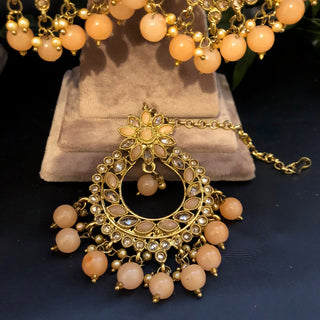 Pearly Antique Gold Necklace Set (Necklace Earrings Tikka) - Golden / Peach - Necklace Set
