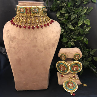 Pearly Antique Gold Necklace Set (Necklace Earrings Tikka) - Golden / Multi - Necklace Set