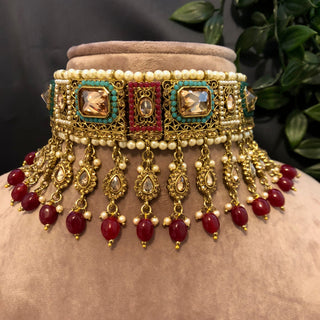Pearly Antique Gold Necklace Set (Necklace Earrings Tikka) - Golden / Multi - Necklace Set