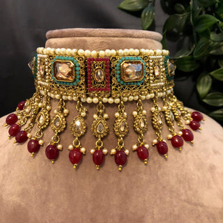 Pearly Antique Gold Necklace Set (Necklace Earrings Tikka) - Golden / Multi - Necklace Set