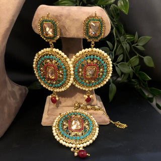 Pearly Antique Gold Necklace Set (Necklace Earrings Tikka) - Golden / Multi - Necklace Set