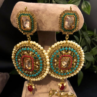 Pearly Antique Gold Necklace Set (Necklace Earrings Tikka) - Golden / Multi - Necklace Set