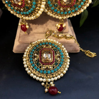 Pearly Antique Gold Necklace Set (Necklace Earrings Tikka) - Golden / Multi - Necklace Set