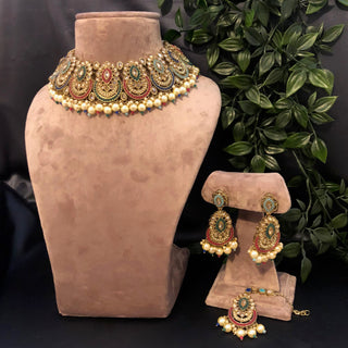 Pearly Antique Gold Necklace Set (Necklace Earrings Tikka) - Golden / Multi - Necklace Set