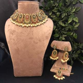 Pearly Antique Gold Necklace Set (Necklace Earrings Tikka) - Golden / Multi - Necklace Set