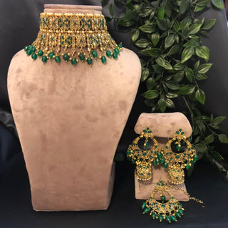 Pearly Antique Gold Double Choker Necklace Set (Necklace Earrings Tikka) - Golden / Emerald Green - Necklace Set