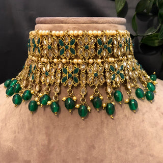 Pearly Antique Gold Double Choker Necklace Set (Necklace Earrings Tikka) - Golden / Emerald Green - Necklace Set