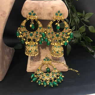 Pearly Antique Gold Double Choker Necklace Set (Necklace Earrings Tikka) - Golden / Emerald Green - Necklace Set