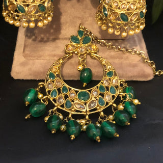 Pearly Antique Gold Double Choker Necklace Set (Necklace Earrings Tikka) - Golden / Emerald Green - Necklace Set