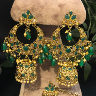 Pearly Antique Gold Double Choker Necklace Set (Necklace Earrings Tikka) - Golden / Emerald Green - Necklace Set