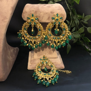 Pearly Antique Gold Necklace Set (Necklace Earrings Tikka) - Golden / Emerald Green - Necklace Set