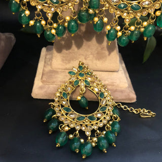 Pearly Antique Gold Necklace Set (Necklace Earrings Tikka) - Golden / Emerald Green - Necklace Set