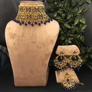 Pearly Antique Gold Double Choker Necklace Set (Necklace Earrings Tikka) - Golden / Royal Blue - Necklace Set