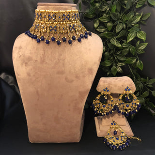 Pearly Antique Gold Double Choker Necklace Set (Necklace Earrings Tikka) - Golden / Royal Blue - Necklace Set
