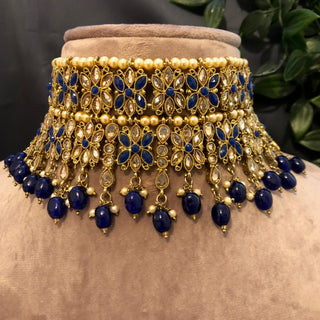 Pearly Antique Gold Double Choker Necklace Set (Necklace Earrings Tikka) - Golden / Royal Blue - Necklace Set