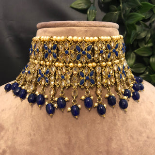 Pearly Antique Gold Double Choker Necklace Set (Necklace Earrings Tikka) - Golden / Royal Blue - Necklace Set