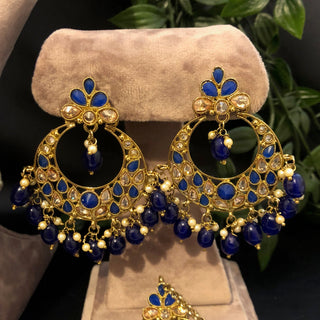 Pearly Antique Gold Double Choker Necklace Set (Necklace Earrings Tikka) - Golden / Royal Blue - Necklace Set